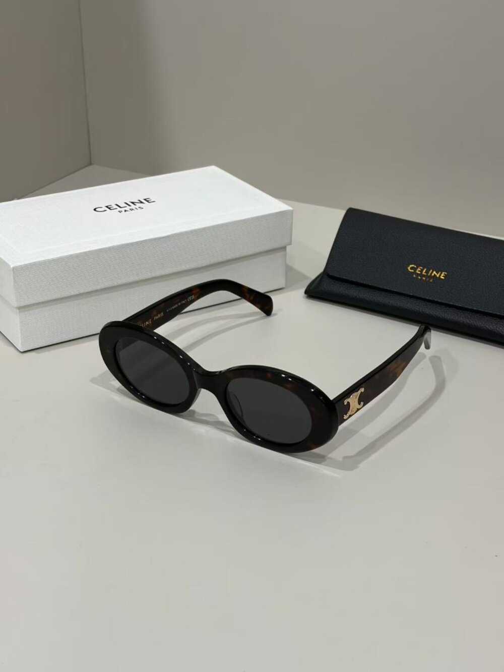 Celine Style Triomphe Oval Tortoise Shell Sunglasses